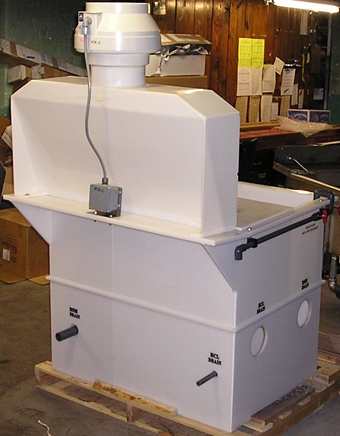 Rear view of Polypropylene Hydrochloric Acid Tank with attached front rinse tank, hood, and exhaust blower.