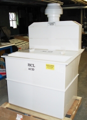 Front view of Polypropylene Hydrochloric Acid Tank with attached front rinse tank, hood, and exhaust blower.